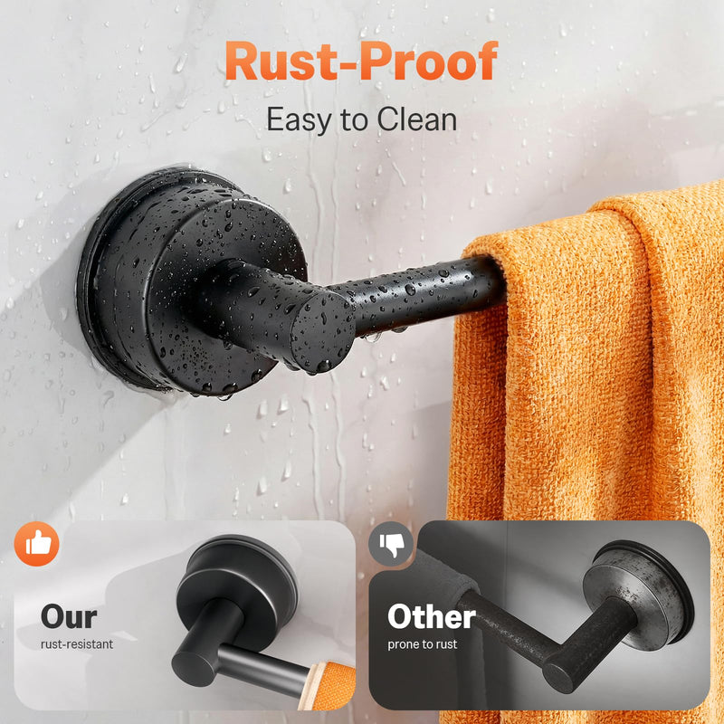Adjustable Suction Cup Towel Bar for Bathroom Wall, 14.6-24 Inch Stainless Steel No-Drill Suction Towel Bar, Heavy Duty Shower Towel Rack for Bathroom, Glass Door & Tile Wall (Black, 2 Pack) Black
