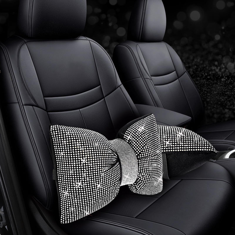 2 PCS Bling Car Pillows, Rhinestones Bowknot Bling Car Headrest Pillow, Car Neck Pillow for Driver Cool Relax Necksupport, White Crystal Diamond Car Accessories for Women 2pcs
