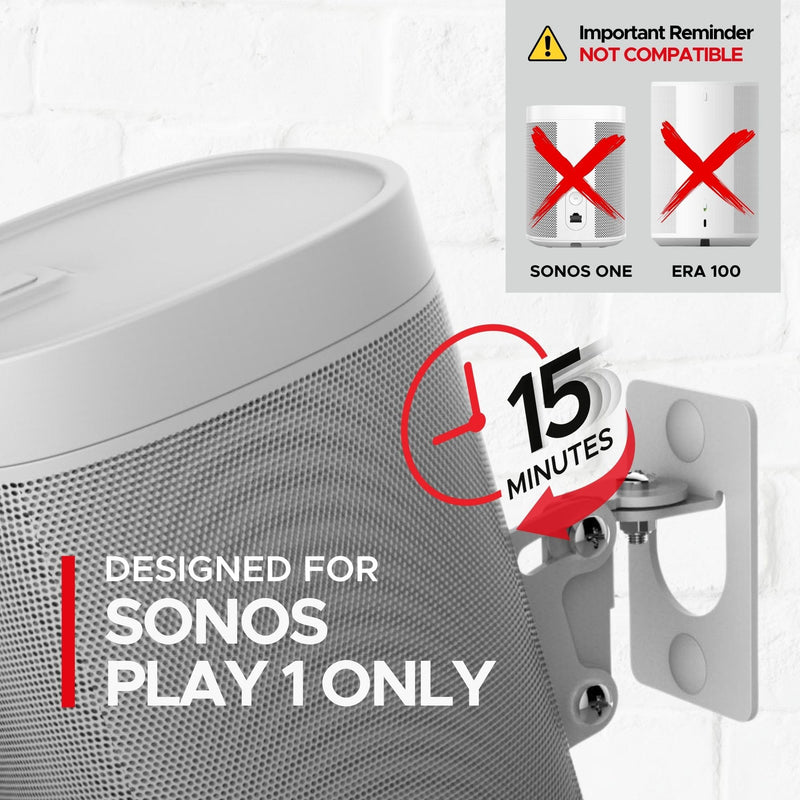Sound Bass Play 1 Wall Mount, White, Pair, Compatible with Sonos Play:1 Only, Twin Pack, Adjustable Swivel & Tilt Mechanism, 2 Mounting Brackets Includes All Fixings