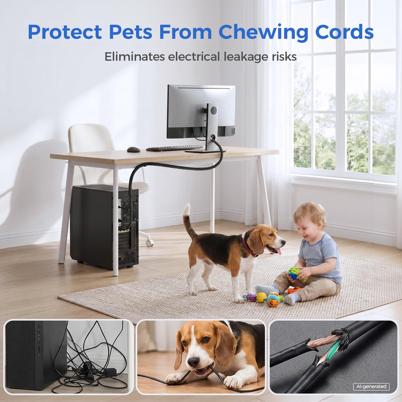 Delamu 10ft - 1/2 inch Cable Sleeve Cord Protector from Pets No Chew, Split-Braided PVC Wire Loom Tubing for Desk Computer USB TV Cord Organizer, Easy Set-up Cable Management Sleeve Kit, Black 1/2"-10ft