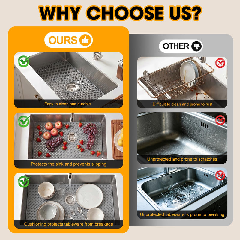 Silicone Sink Protectors for Kitchen Sink, 26 x 14 Inch Non-slip Heat Resistant Silicone Sink Mat Grid for Bottom of Farmhouse Stainless Steel Sink with 2 Reserved Holes, Kitchen Sink Accessories,Grey Grey-26x14in