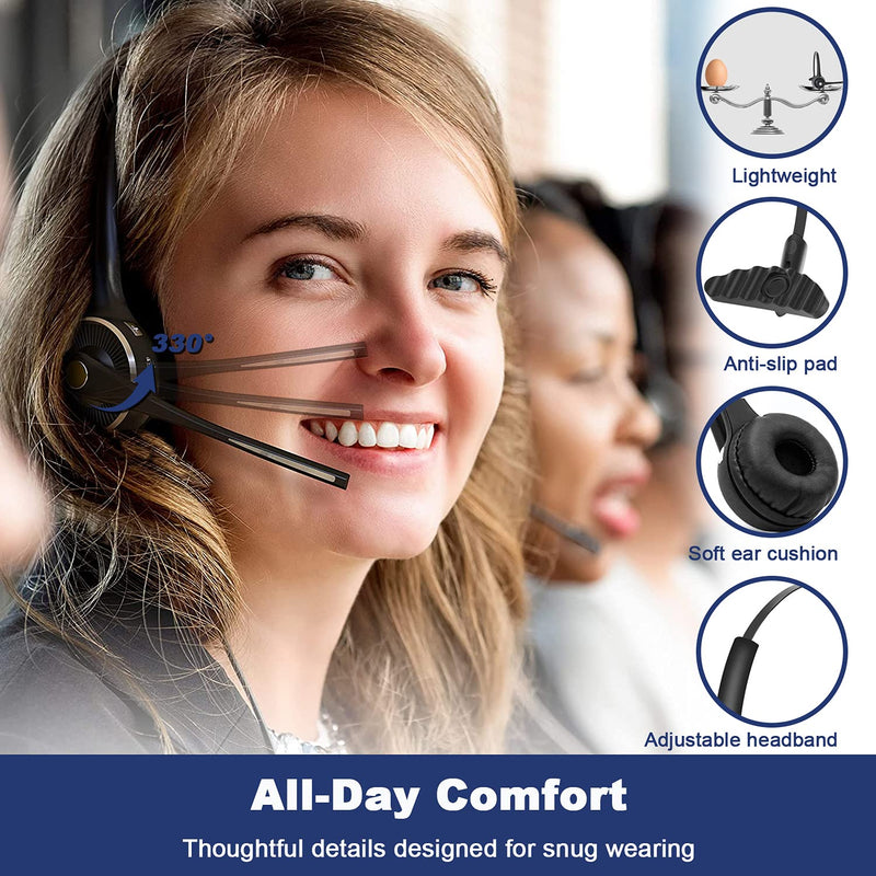 Trucker Bluetooth Headset with Microphone Noise Cancelling, V5.0 Wireless Headset with Charging Base 17 Hrs Talk Time, Black