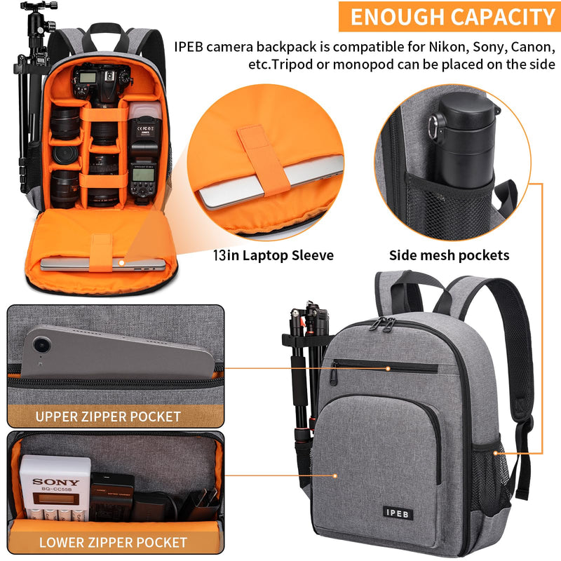 Camera Backpack for DSLR/SLR/Mirrorless Bag Professional Waterproof Camera Case 11"X5.9"X15" for Photographers Grey Orange Grey-orange