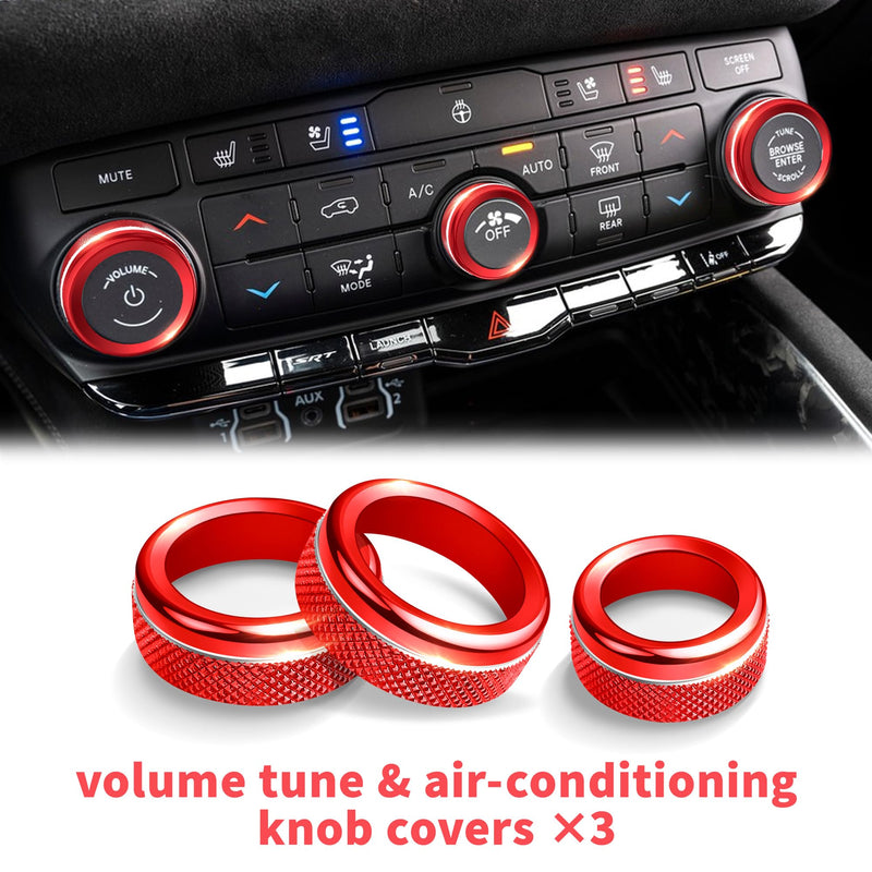 Interior Accessories for Dodge Durango 2021-2025, 6pcs Aluminum Alloy Trim Set - Push Start Button Cover/Ring, A/C, Volume Tune, Headlight Switch Knob Covers (Red) Red