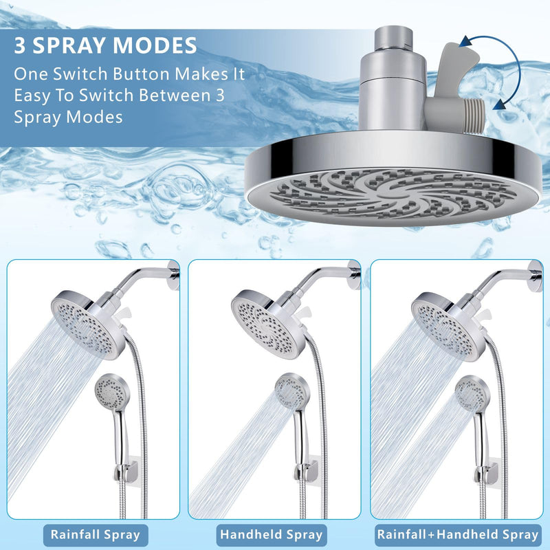 Rain Shower Head with Handheld, High Pressure Rainfall Showerhead and 3 Settings Hand held Spray Combo with Detachable Hose (Chrome) Chrome