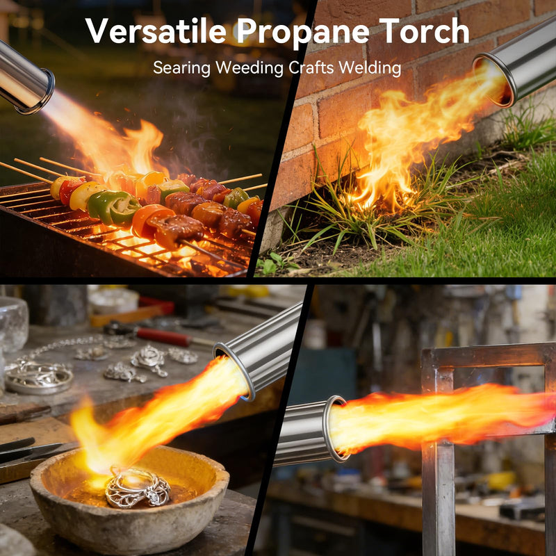 Propane Torch with Felt Storage Pouch, One-Tap Max Flame, Safety Lock, Adjustable Precision Flame, Kitchen Blow Torch Gun for Sous Vide, Searing Steak, BBQ Grill, Camping (Tank Not Included) Silver