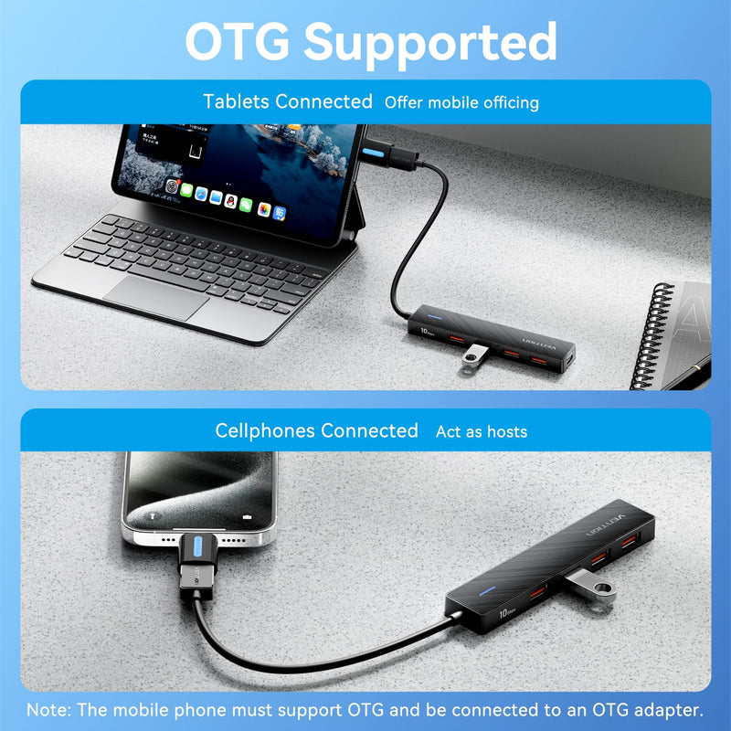 VENTION 10Gbps USB 3.2 Hub, USB Hub with 4 USB A 3.2 Ports, USB 3.2 Gen 2 Splitter USB Expander for Chromebook Surface Pro 3 iMac PS4 Laptop Xbox Flash Drive 0.5FT USB 3.2 10Gbps