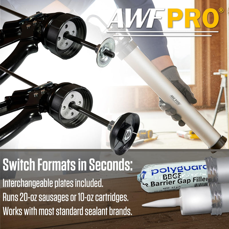 AWF PRO Sausage Caulking Gun, 20 oz Foil Pack and 10 oz Cartridge Convertible, 18:1 Thrust Ratio, Aluminum Barrel, Includes 3 Tips 1
