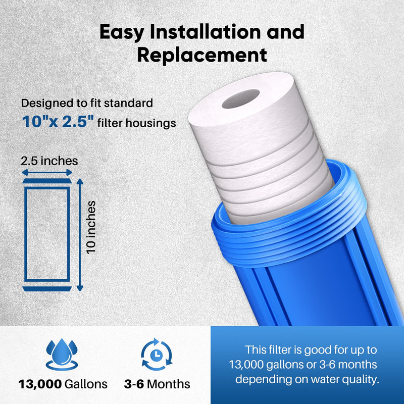PUREPLUS 5 Micron 10" x 2.5" Whole House Grooved Sediment Home Water Filter, Replacement Cartridge for 10 inch RO Pre-Filter & RV Housing, AO-WH-PREV-R2, AP110, WHKF-G05,AB-SGR5M, GXWH20S,CFS10, 6Pack 6 Count (Pack of 1)