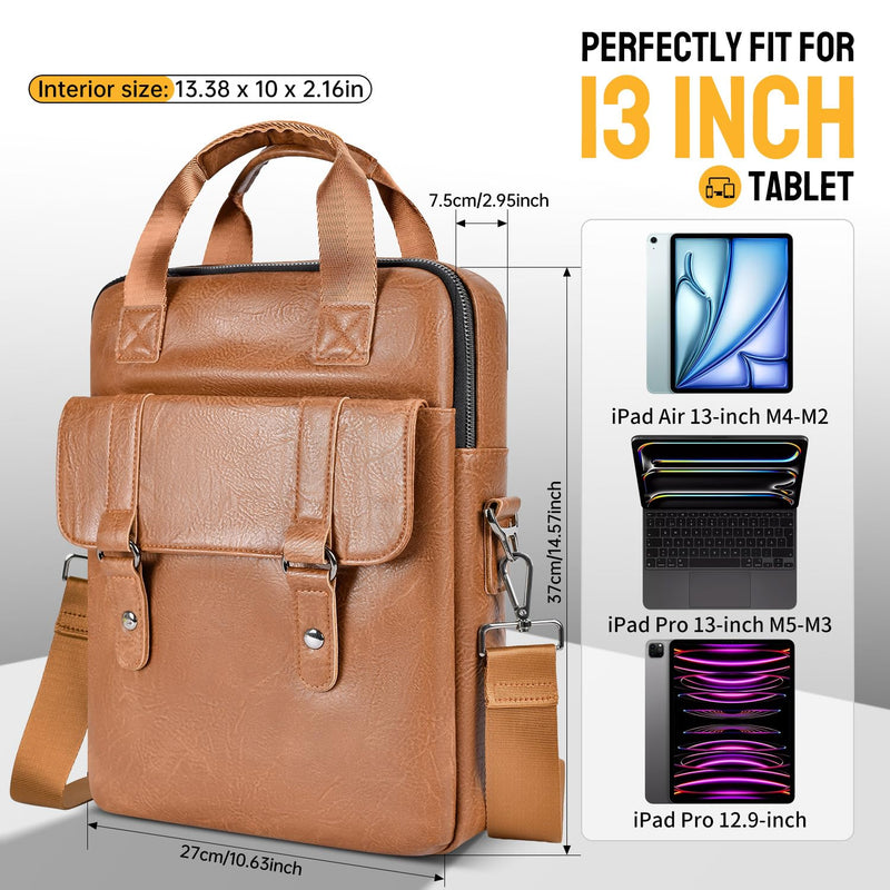 12.9-13 Inch Leather Tablet Sleeve Bag for MacBook Neo Air 13/iPad Pro Air | for 2026 2025 iPad Air 13 inch M4 M3 & iPad Pro M4 M5 & iPad Pro 12.9 Tablet Laptop Travel Shoulder Strap Carrying Case Brown