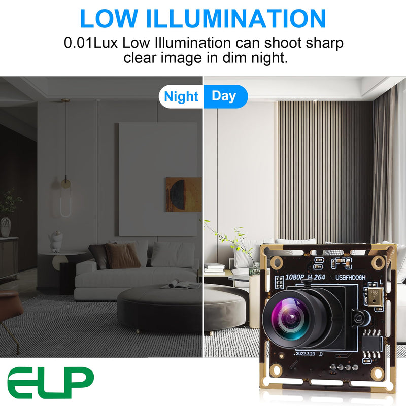 ELP Sony IMX323 Sensor Mini Low Light Wide Angle USB Camera Module with 100degree No Distortion Lens HD 1080P 0.01Lux USB2.0 Video Webcam Board UVC H.264 PC Camera for Computer, Laptop None distortion 100 degree