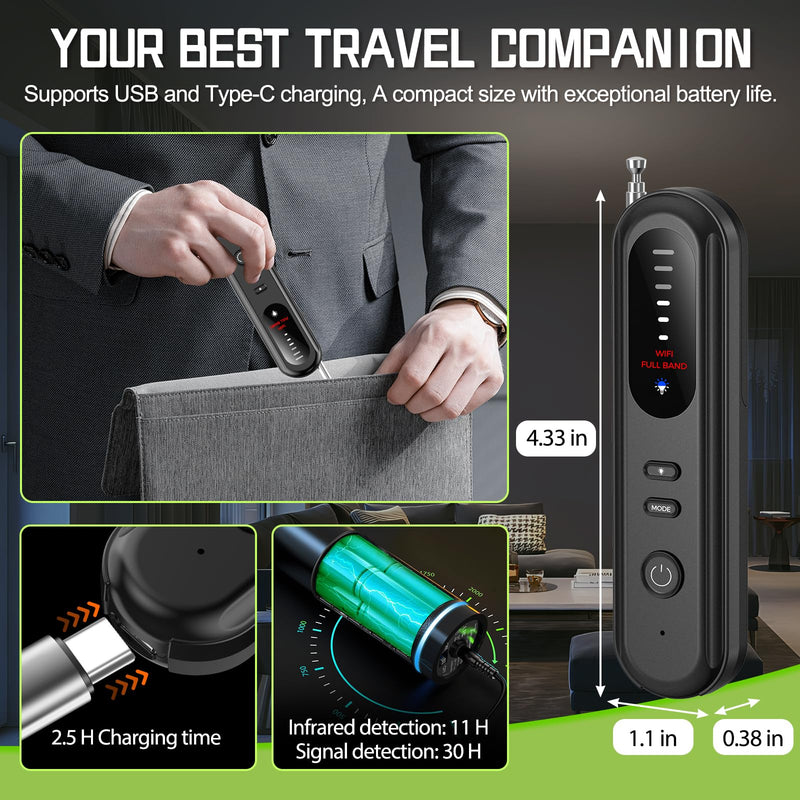 Hidden Camera Detector Travel, Bug & Spy Camera Detector,GPS Tracker Car | RF Bug Scanner, Anti-Spy Finder,5 Levels,3 Modes,Covert Device Sweep with Instant Alerts Privacy Protection,Portable Safety Medium