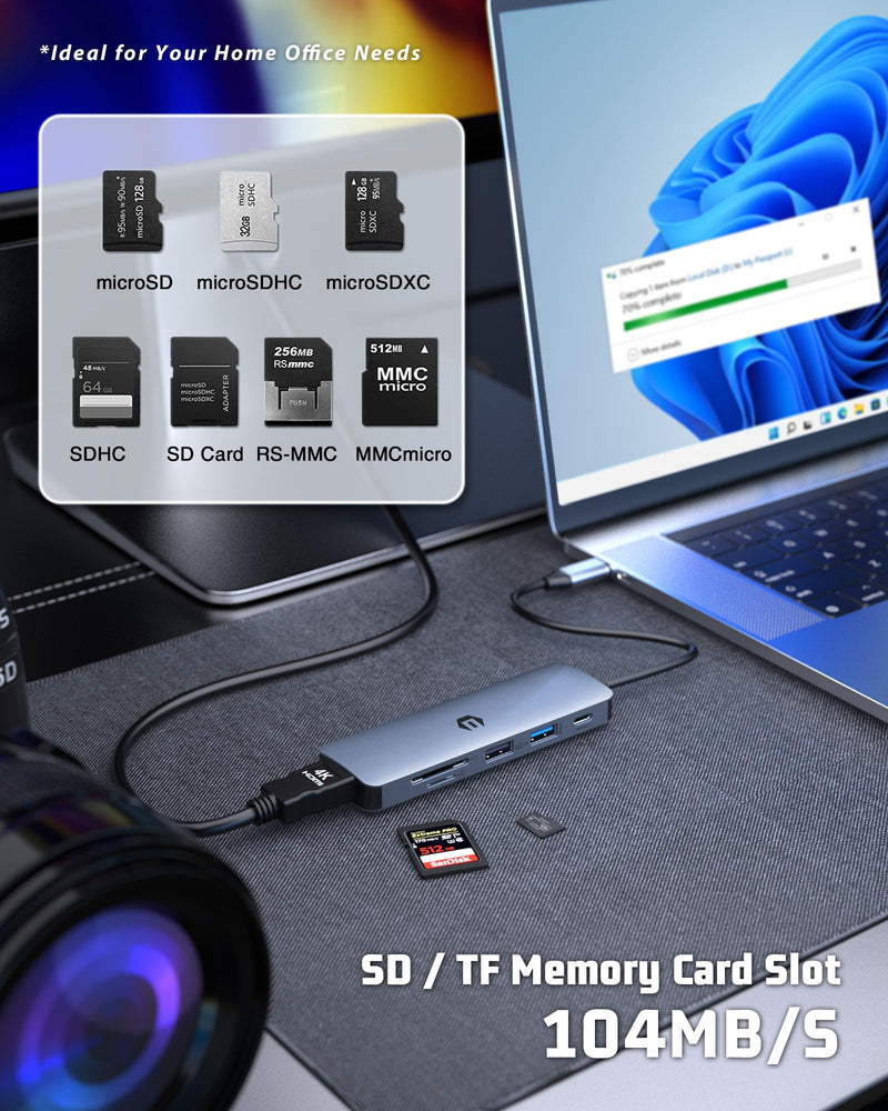 USB C HUB, 6 in 1 USB Adapter, 4K HDMI, 100W PD, USB 3.0 Ports, USB 2.0 Ports, and SD/TF Card Reader, Ideal for Mac Pro/Air, iPad Pro, iMac, and More