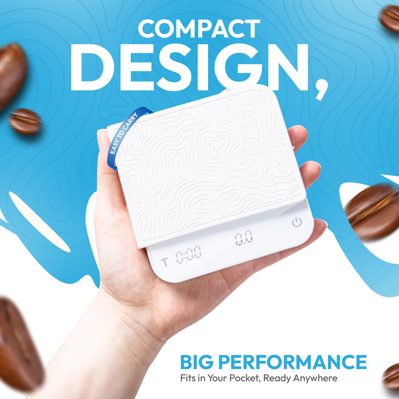 Mini Coffee Scale with Timer – Digital Barista Weight Scale with Designer-Patterned Tamper Mat, 0.1g High Precision, Portable & Rechargeable for Espresso, Pour Over, Drip, and Kitchen Brewing Use White