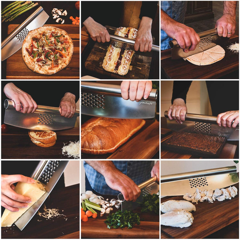 gemiknife Pizza Cutter Plus. Premium 14” Sharp Rocker Slicer + Built In Cheese Grater. Thick & Sturdy Stainless Steel Blade + Centered Handle + Protective Knife Cover + Dishwasher Safe.