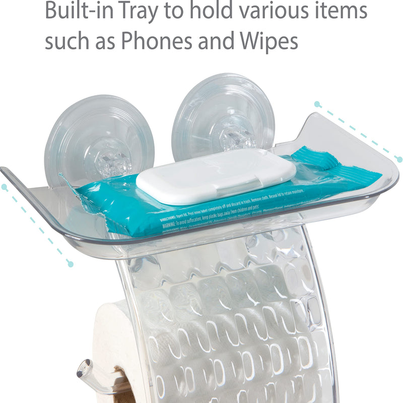 Bath Bliss Suction Cup Toilet Paper Dispenser | Power Lock Suction Mount | Phone and Wipes Holder Tray | Not Tools Required |Smooth Surfaces Only | Tile | Glass | Metal | Plastic | Bathroom | Clear Toilet Paper Dispenser (Pack of 2)