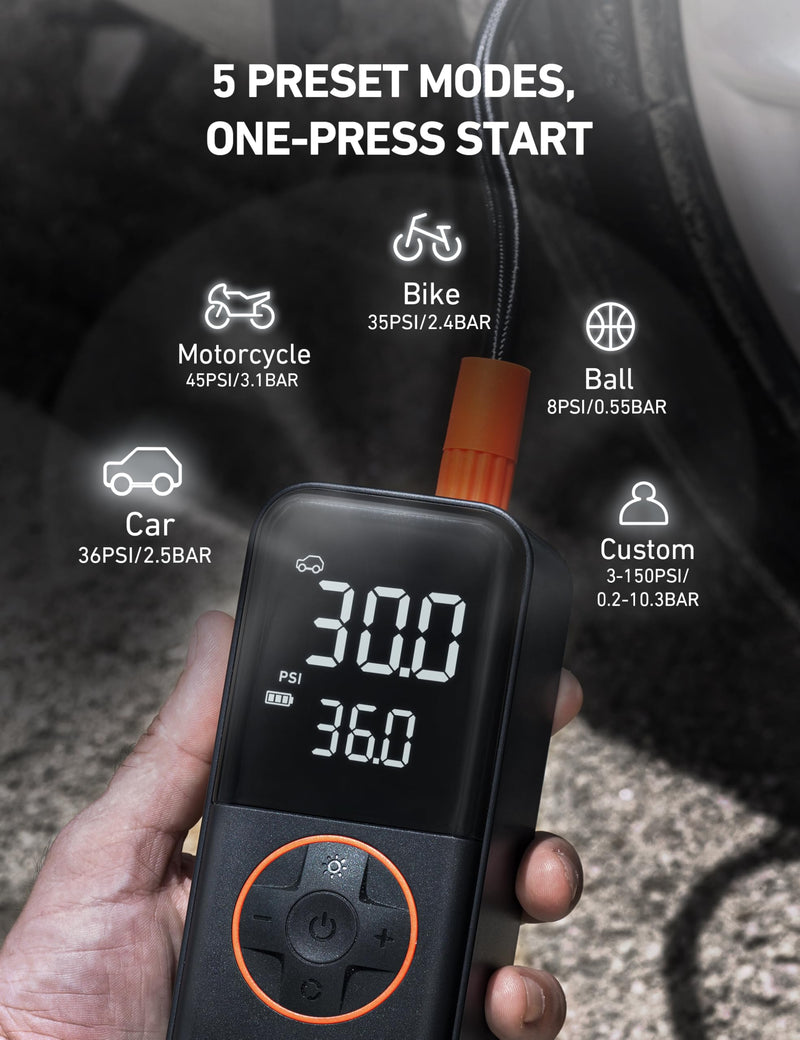 AstroAI L4 Tire Inflator Portable Air Compressor, 150PSI Portable Air Pump for Car Tires with Pressure Gauge LED Light, Electric Air Pump Quick Inflation for Cars, Motorcycles, Bikes, Tires, Balls Orange