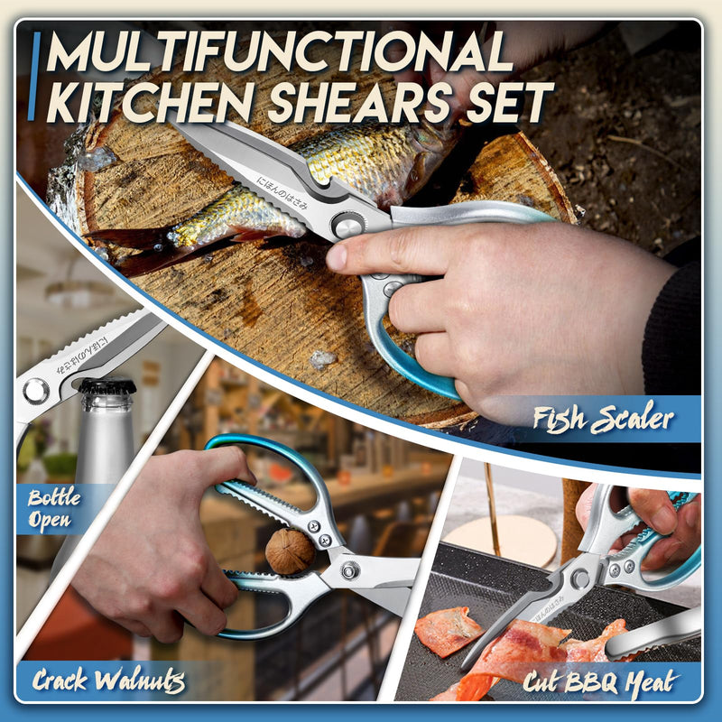TIJERAS Kitchen Scissors Set Blue - Stainless Steel Kitchen Shear, Sharp Meat Scissors Dishwasher Safe, Heavy Duty Poultry Shears, Japanese Cooking Scissor for Food, Chicken Bones, and Turkey