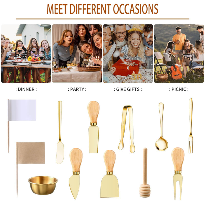 48 Pcs Charcuterie Boards Accessories Butter Spreader Knives Set Stainless Steel Cheese Mini Serving Tongs Spoons Forks Dipping Bowls Toothpick Flags Utensils for Pastry Making Wedding Christmas(Gold) 48Pcs Gold