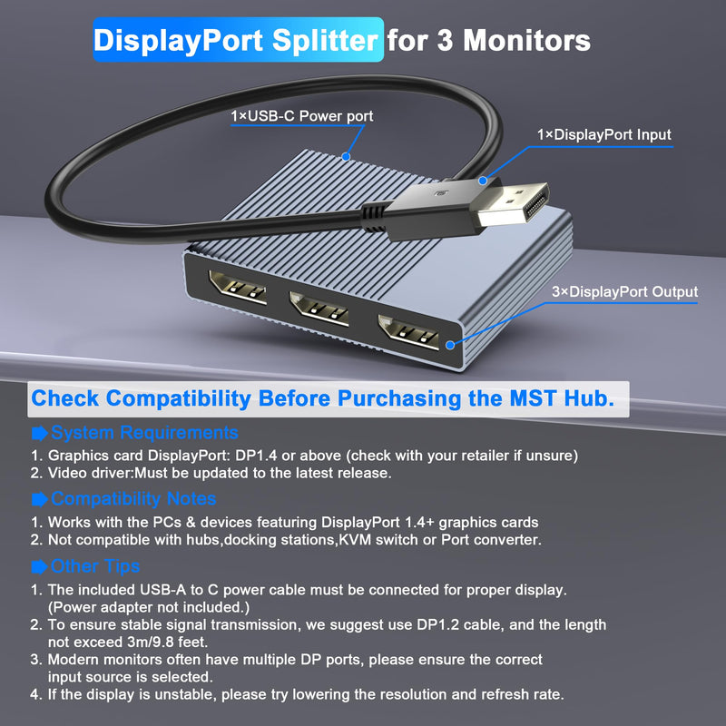DisplayPort Splitter for 3 Monitors Extended Display, 4K@60Hz DisplayPort MST Hub 1 IN 3 OUT, Display Port to Display Port Adapter, DP to DP Multi Monitor Splitter for PC/NVIDIA/AMD Graphic Card