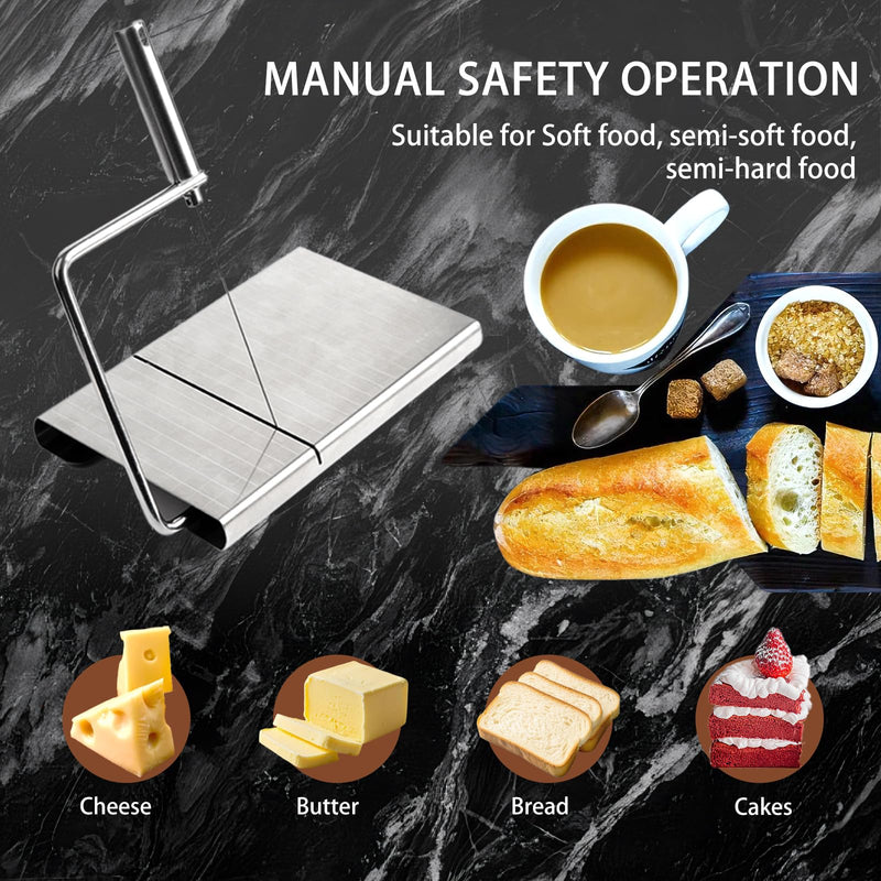 Cheese Slicer with 9 Replacement Wires, Heavy-Duty Stainless Steel Cheese Cutter Board, for Block Cheese, Dishwasher Safe