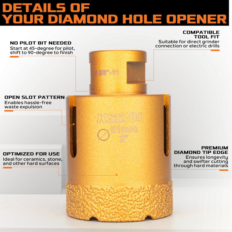 KSEIBI 615305 Diamond Hole Saw, 4-1/8 Inch (105mm) Diamond Core Drill Bit for Porcelain, Ceramic, Granite Drill Bits, Brick, Marble, Dry Cutting, 2" Drilling Depth, 5/8"-11 Thread, for Angle Grinder 4-1/8” (105MM) Vacum Brazed