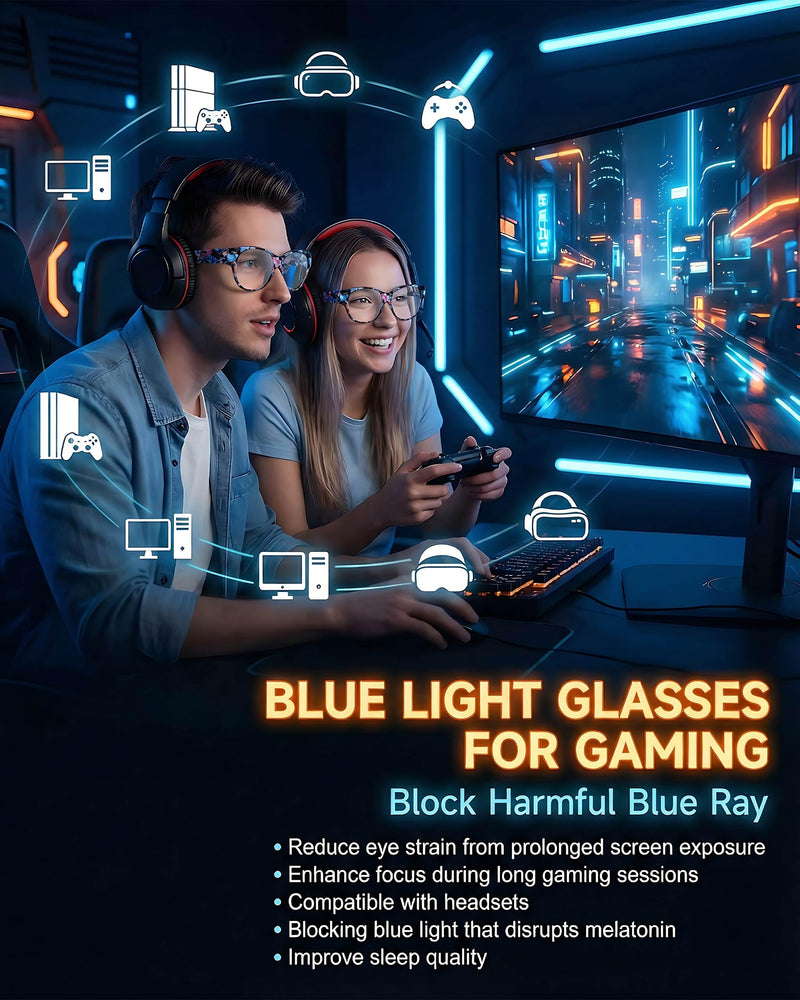 OptiCraft Blue Light Blocking Glasses Wear Over Prescription | Alleviate Eye Strain & Reduce Headaches, Round Lightweight Oversized Design, Ideal for Office Work and Daily Use A01 Floral / Clear