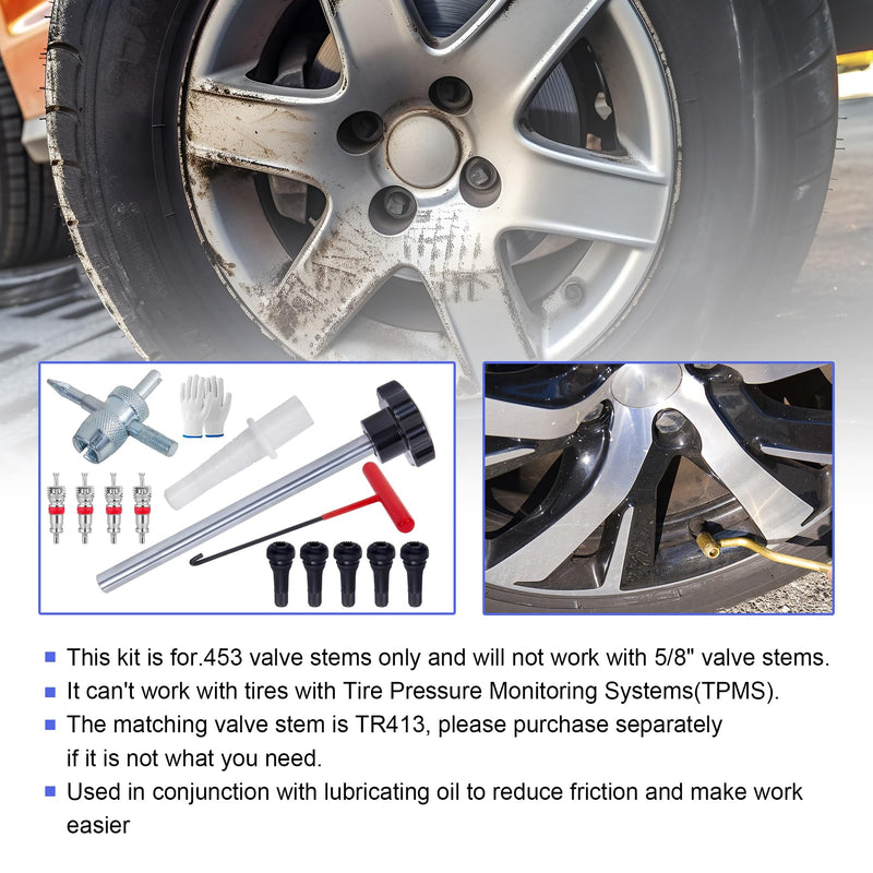 Quick Change Tire Valve Tool Kit,Tire Valve Stem Core Quickly Replacement Tool Kit,Perfect Tool for Replacing Leaky Valves in Cars,ATVs,Trucks,Motorcycles, etc.with 5 TR413 Valve,4-Way Valve Tool Set A