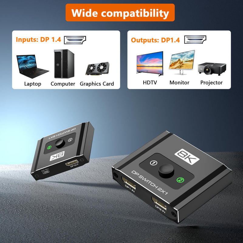 DisplayPort Switch 2 in 1 Out, 8K@60Hz DP 1.4 Switcher Selector Box, Unidirectional Display Port Switcher for Dual PCs & Gaming Consoles, 4K@144Hz DP Switch with DSC Support (DP Cables Not Included)