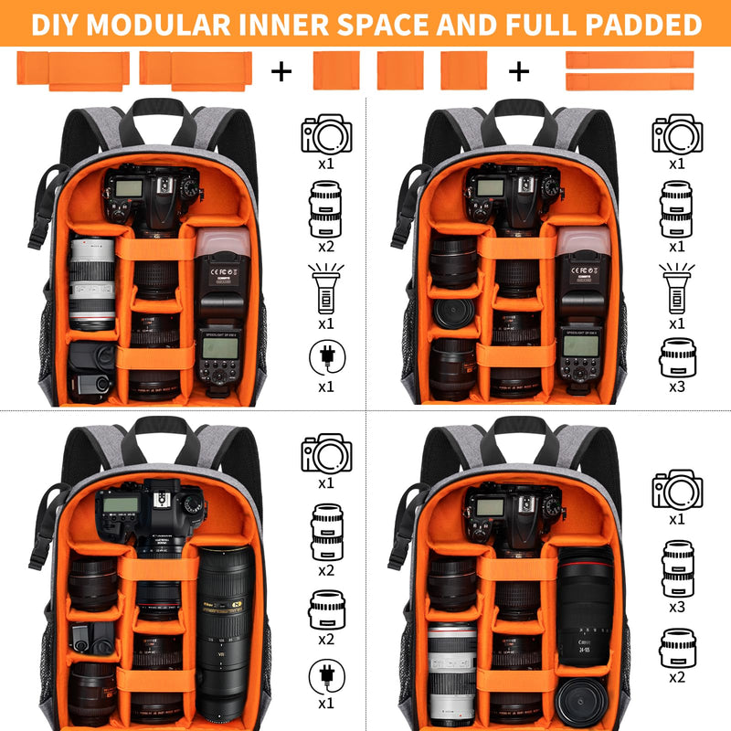 Camera Backpack for DSLR/SLR/Mirrorless Bag Professional Waterproof Camera Case 11"X5.9"X15" for Photographers Grey Orange Grey-orange