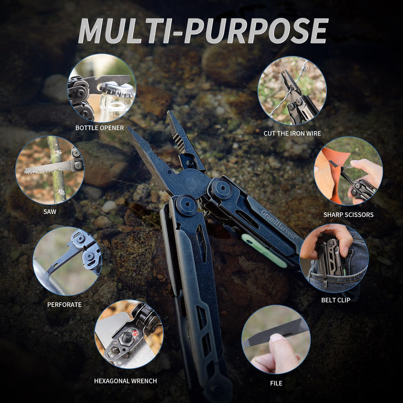 GrandHarvest Multitool, 25-in-1 Spring Loaded Pliers Multi Tool, Each Tools with Safety Lock-Stainless Steel Multi-Tool, Propylene Sheath, Survival Gear for Camping, Hiking, Multi Plier, Pocket Knife