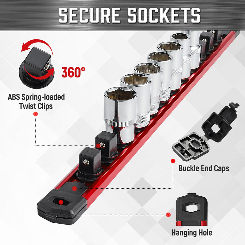 ALOANES 3/8-Inch Drive Magnetic Socket Organizer, Heavy Duty Aluminum Socket Rail Organizer, 360° Swivel Clips Socket Holder Kit for Tool Box, 3/8-Inch Socket Holder x 14 Clips (Red) Red
