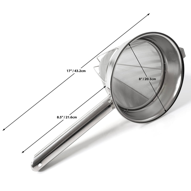 Bouillon Strainer - Stainless Steel Fine Mesh Metal Food Chinois, Cone Separator, Kitchen Colander Sieve for Sauce Jam Jelly Tea, 8" - With Spatula