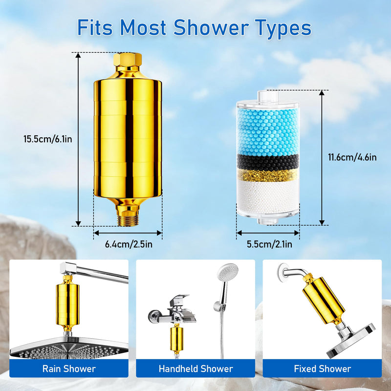 Larger Premium Metal Shower Filter, Stainless Steel 304, Clean Soft Water, Remove 99% Chlorine, Improve Your Skin Nail Hair, Easy to Install (GOLD) Gold