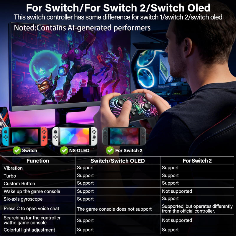 Switch Controller for Nintendo Switch/Lite/OLED, Wireless Switch Controller | Switch Controller with 10 LED Light, Pro Switch Controllers with One Key Pairing, Turbo, 6-Axis Gyro, 1000mAh Battery, Black