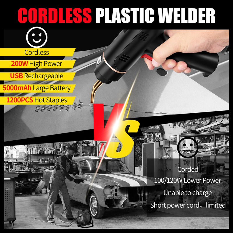 200W Cordless Plastic Welder, Plastic Welding Kit with 1200PCS Hot Stapler, USB Rechargeable Plastic Welder Gun with 5000mAh Battery, Plastic Weld Bumper Repair Kit for Most Plastic Repair Black