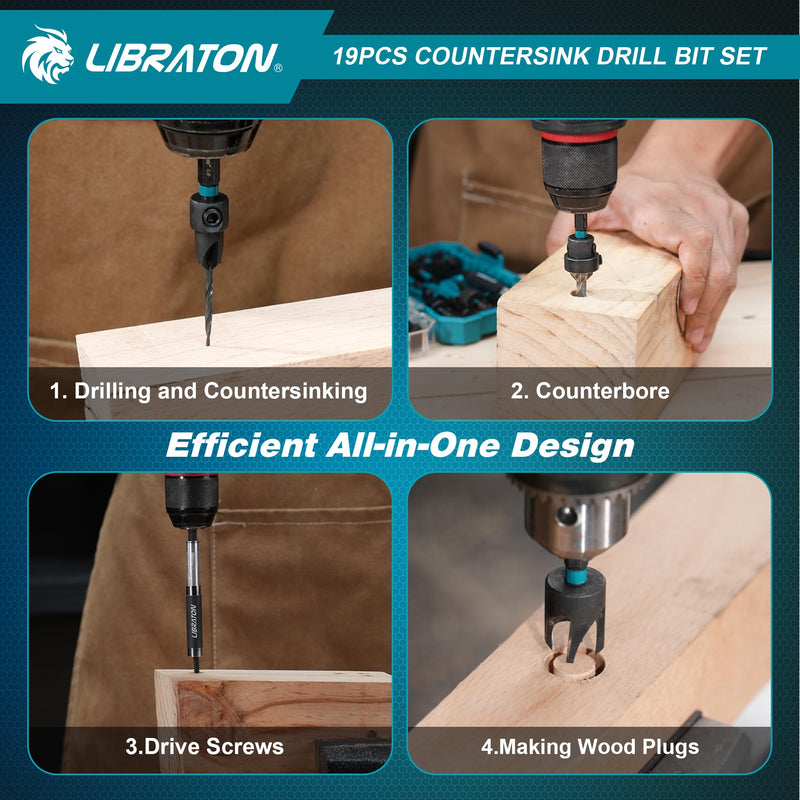 Libraton Countersink Drill Bit Set, 19 PCS Tapered Drill Bits for Woodworking, Counter Sink Drill Bit Wood Plug Cutter Extendable Bit Holder 1/4" Hex Shank Screwdriver Bits with Storage Case