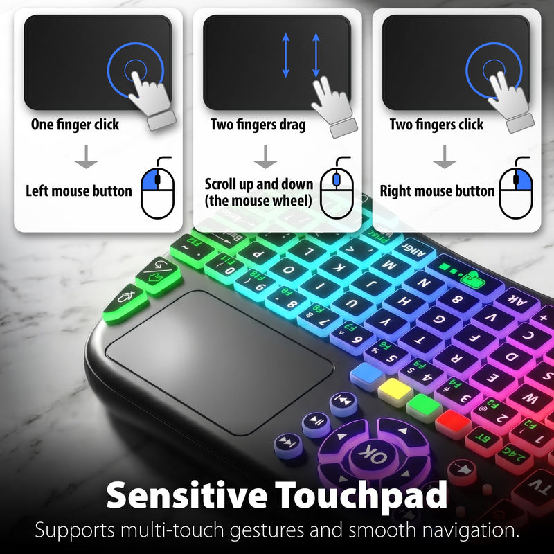Fosmon Mini Keyboard with Touchpad Mouse, 2.4G & 5.2 Dual-Mode Multimedia Hotkeys, Small Wireless Bluetooth Handheld Keyboard with RGB Backlit for Android TV Box, Smart TV, Raspberry Pi, PC, Phone