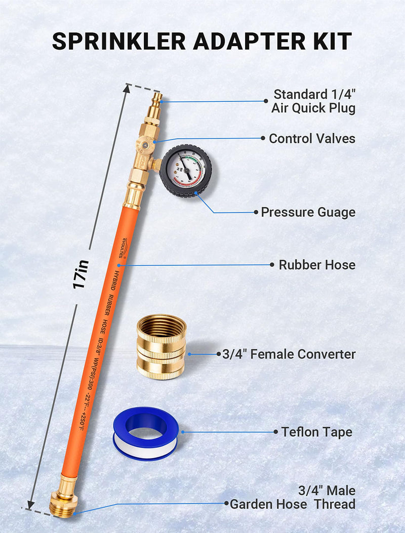 Brass RV Winterizing Kit with Pressure Guage, 17 Inch Garden Hose with 3/4" GHT Blow Out Fitting Adaptor & 1/4" NPT Quick Connect Plug, Sprinkler Blowout Adapter for Camper, Travel Trailer