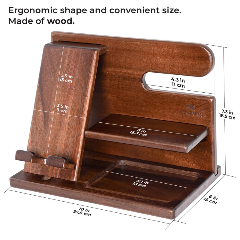 TESLYAR Wood Phone Docking Station for Men - Desktop or Nightstand Organizer - Birthday Gifts for Men, Dad - Anniversary Idea from Wife - Key Holder, Stand Wallet, Watch & Essentials (Chestnut) Chestnut