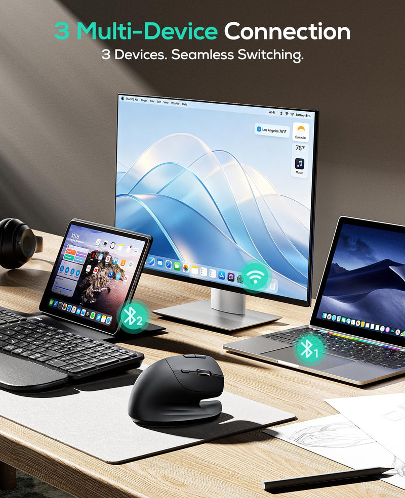 Nulea Ergonomic Vertical Wireless Mouse with Horizontal Scroll Wheel | Bluetooth And 2.4G Rechargeable Mouse With 6 Buttons, 3 Device Switching, Long Battery Life For PC And Mac