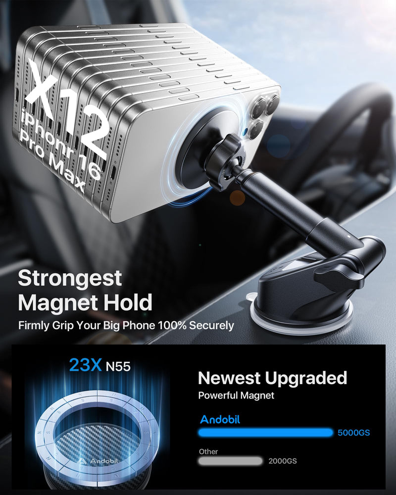 【Military-Grade】andobil 3 in1 Magnetic Phone Holder for Car Dashboard Windshield Vent 【Upgrade Suction & Strongest Magnet】Retractable for MagSafe Car Mount Mats for iPhone 17 16 15 14 Pro Max Sumsung dashboard-black