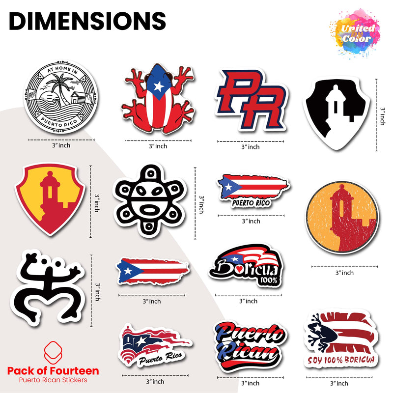 Puerto Rico Stickers (14 Pack) – Waterproof, Durable Vinyl Featuring Puerto Rican Flag, Coquí, Taino Symbols & Cultural Icons – Perfect for Laptops, Cars, Water Bottles, Truck