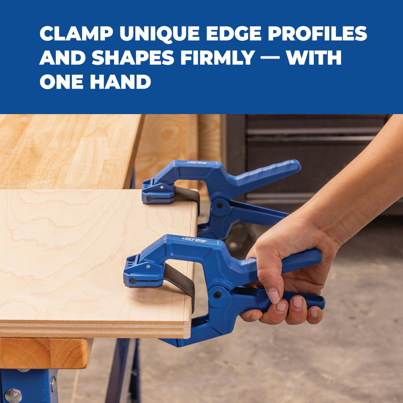 Kreg Edge Band Spring Clamp - One-Handed Edge Banding Clamp with Stretch Band - Non-Marring with Pivoting Jaws for Uniform Pressure Glue-Ups - For Cabinetry, Trim & More - Set of 4