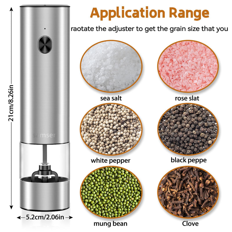 Stainless Steel Electric Pepper Grinder & Salt Mill Set - Battery Operated One-Hand Operation Adjustable Coarseness LED Light Transparent Container Easy Refill & Clean Push-Button Switch (2 Pack) Silver + two grinders