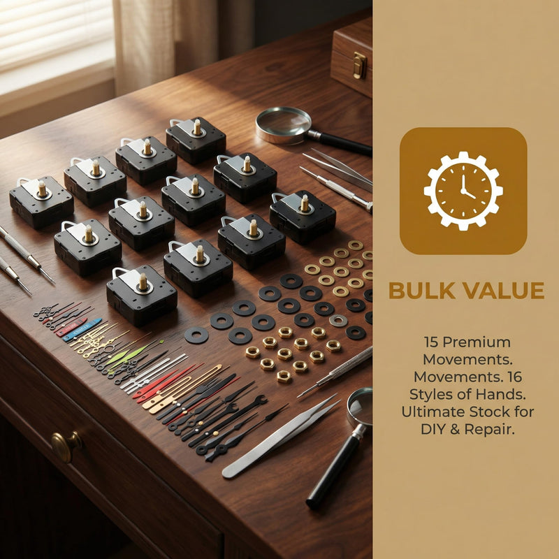 15 Packs Clock Mechanism Replacement Kit with 16 Pairs Clock Hands, Quartz Clock Movement Replacement, Clock Movement Motor Kit for Clock Repair, Replacement, DIY and Custom Clock 15 Packs Clock Mechanism with 16 Pairs Clock Hands