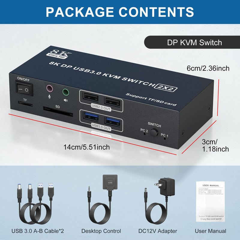 8K@60Hz Displayport KVM Switch 2 Monitors 2 Computers, 4K@120Hz USB 3.0 KVM Switch Displayport with Audio Microphone Output and 4 USB Ports, SD/TF Slots, Displayport KVM Support Extended & Copy Mode