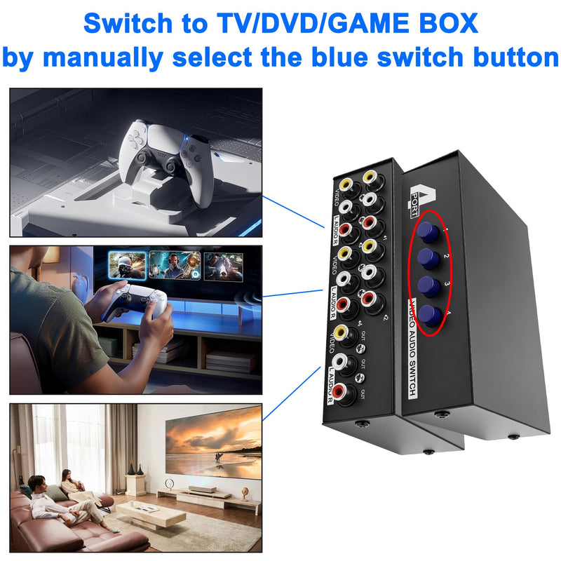 MEIRIYFA 4 Way AV RCA Switcher Splitter 4 in 1 Out 4 Port AV RCA Switch | 4-in-1 Composite Video L/R Audio Switcher Selector Box for DVD Player, Game Consoles TV Monitor Projector