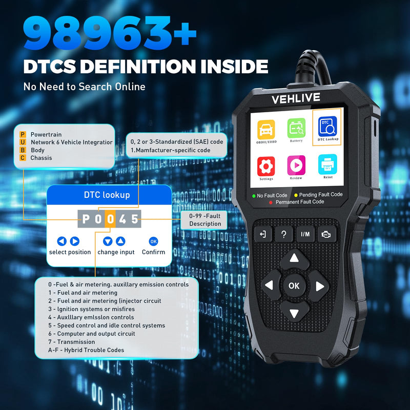 OBD2 Scanner Diagnostic Tool, Check Engine Light Car Code Reader with Reset, Battery Tester, Live Data, Freeze Frame, I/M Readiness, Car Scanner Diagnostic Tool for All OBDII Car After 1996 black