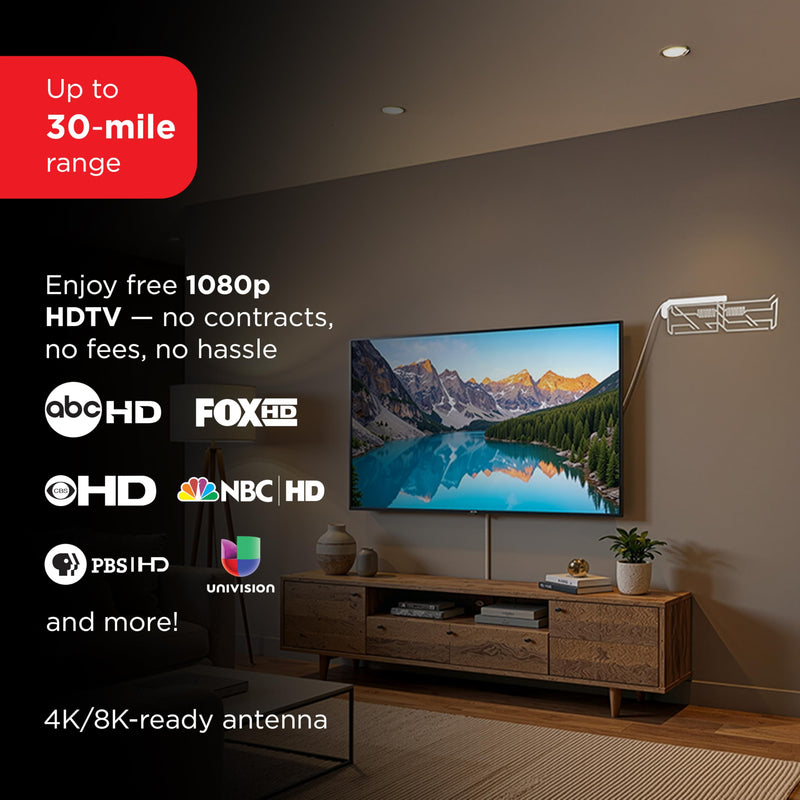 UltraPro Indoor TV Antenna for Smart TV, Long Range HD Local Channels, Easily Mount on Wall or Window, Supports 4K 1080P HDTV VHF UHF, 360° Reception, Clear, 86002